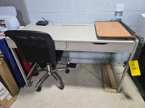 Desk, paper cutter, desk chair