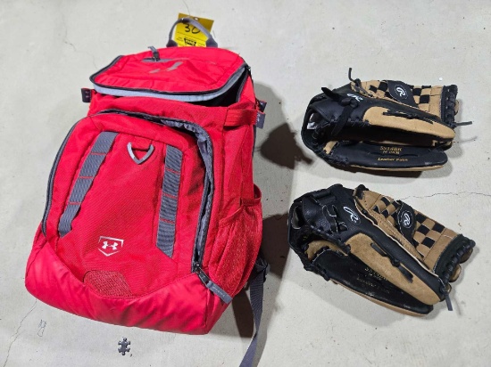 Backpack, mitts, softballs, baseballs