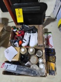 Honeywell heater, handtools, assorted fluids/exopy, size 12 mens hold shoes