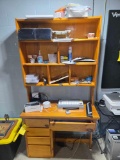 Desk with contents, label printer, Scotch TL901, desk items