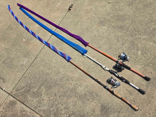 13 fiahing reel with Abu veritas rod, Pflueger reel with carrot stick, Quantum reel with berkley rod