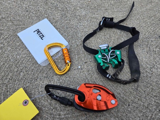 Petzl Grigri belay device, carabiners, notch foot asenders
