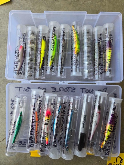 Various Walleye baits, bandits, berkley flickers, rapalas, and others