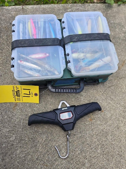 Rapala, 100lb scale, tackle box with hard baits