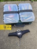 Rapala, 100lb scale, tackle box with hard baits