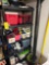Plastic shelf and contents - coolers, totes, cleaners, paint, hanging pots