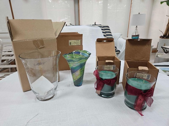 NIB Longaberger Collector's Club Glass Vase, Christmas Pine Candles, & Etched Glass Hurricane Glass