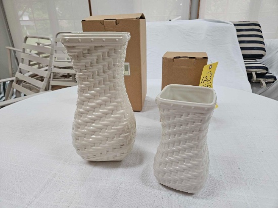 NIB Longaberger Pottery Ivory-Colored Woven Reflections Hostess Large Vase & Small Vase