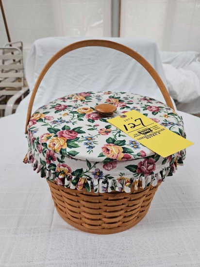 1990 Longaberger Large Round Sewing Basket w/ Lid, Liner, Protector, & Sewing Contents