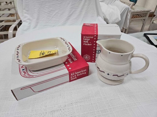 NIB Longaberger Pottery All-American Large Milk Pitcher & 8 x 8 In. Baking Dish