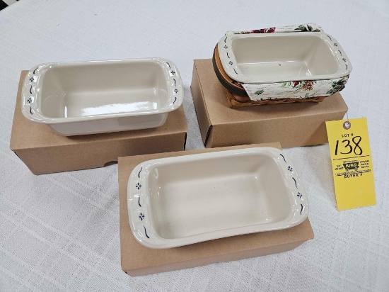 (3) Longaberger Pottery Small White & Blue Loaf Dishe Baskets