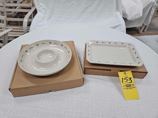 NIB Longaberger Pottery Chip & Dip Bowl w/ Rectangular Serving Tray