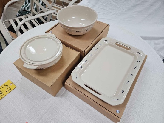 NIB Longaberger Pottery Woven Traditions Handled Platter, 2 Qt. Casserole Dish, & Buffet Bowl