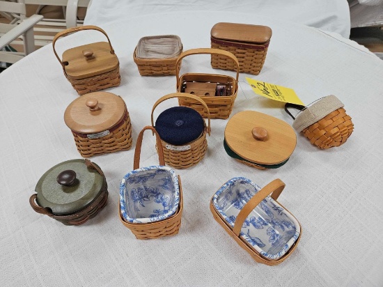 Box of (10) Small Longaberger Baskets w/ Lids, Protectors, & Accessories