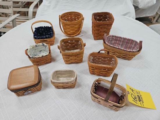 Box of (10) Small Longaberger Baskets w/ Lids, Protectors, & Accessories