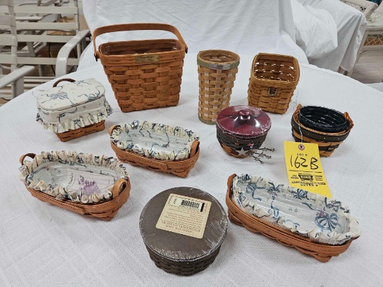 Box of (10) Small Longaberger Baskets w/ Lids, Protectors, & Accessories