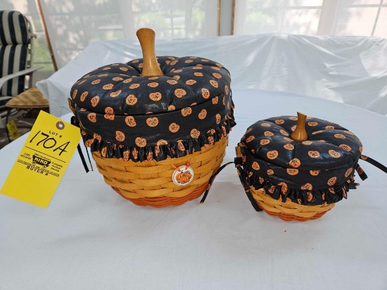 (2) 1997 Longaberger Halloween Pumpkin Baskets w/ Lids & Protectors