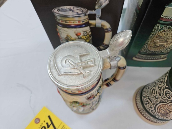 3 NIB Avon Collector's Steins - Great American Football, Sporting Stein Decanter, & Western Round Up