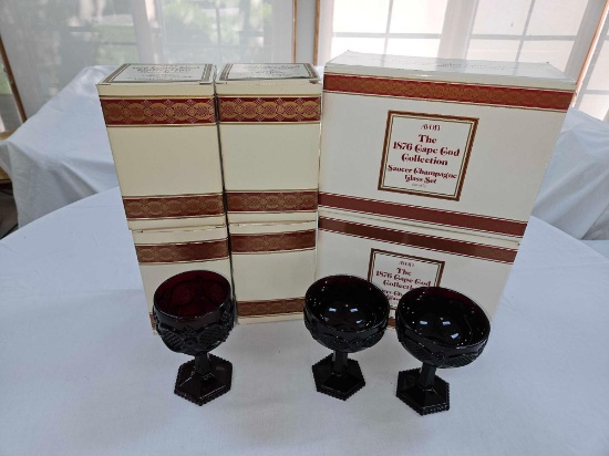 Box of Avon 1876 Cape Cod Collection Water Goblet Candle Holders & Saucer Champagne Glass Sets
