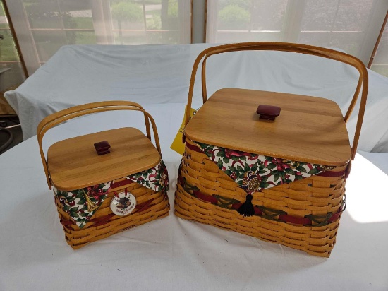 2000 Longaberger Christmas Deck The Halls 2 Pc. Basket Set w/ Liners, Lids, Protectors, &