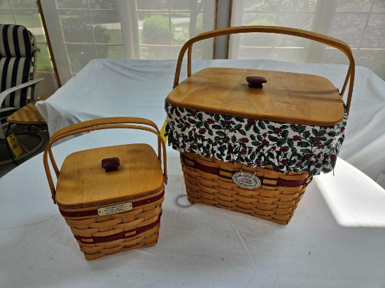 1995 Longaberger Large Holiday Hostess Basket & Holiday Cranberry Basket w/ Liners, Lids,