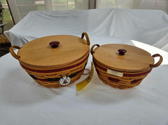 (2) 1999 Longaberger Christmas Collection Popcorn Baskets w/ Lids, Liners, & Protectors