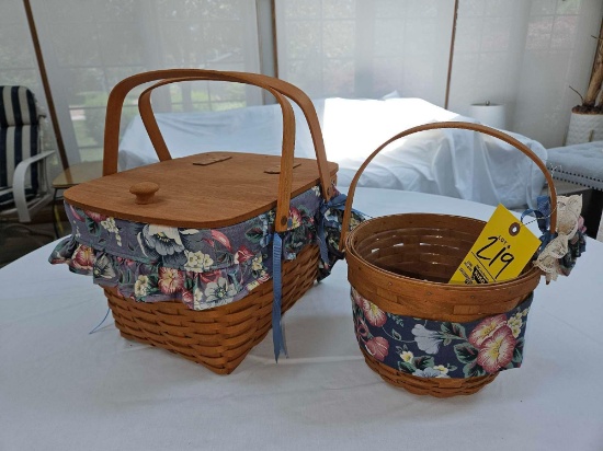 1994 Longaberger Hostess Gourmet Picnic Basket & 1991 Medium Fruit Basket w/ Liner & Protector