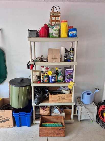 6 Ft. Plastic Shelving Unit & Contents - Lawn Care Items, Plastic Bins, & more