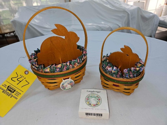(2) 1998 Longaberger Stained Easter Baskets w/ Wooden Bunny Dividers, Liners, & Lids