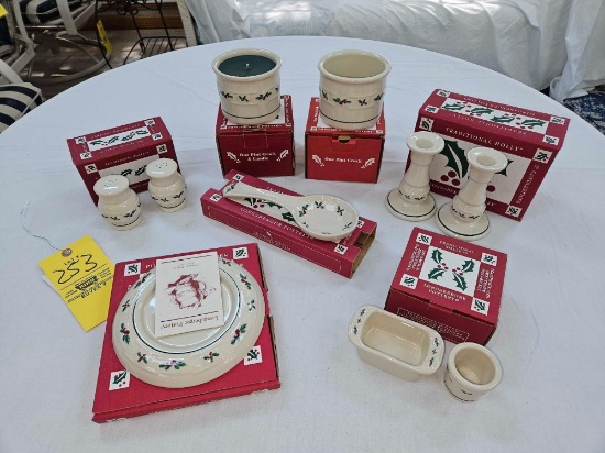 NIB Longaberger Traditional Holly Sweetener Holder, Spoonrest, Candleholders, Salt & Pepper, & 1