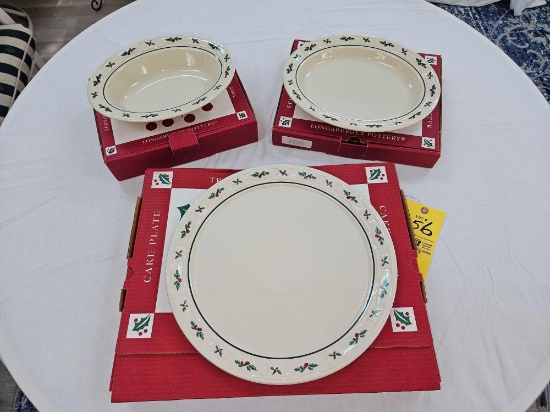 NIB Longaberger Traditional Holly Serving Bowl, Serving Platter, & Cake Plate