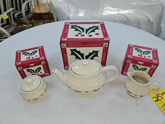 NIB Longaberger Traditional Holly Teapot, Sugar Bowl, & Creamer