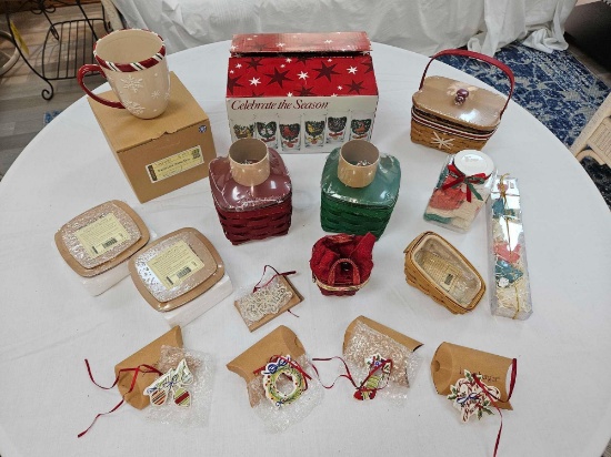 Box of Assorted Longaberger Christmas Basket, Longaberger Mug, & Other Christmas Related Items