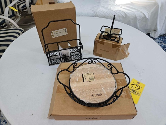 NIB Longaberger Wrought Iron Utensil Caddy, Round Server w/ Wood Insert, and Salt & Pepper Caddy