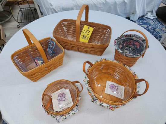 1991 Longaberger Hostess Sunroom Basket, 1993 Button Basket, 1995 Darning Basket, & 2 Medium Sized