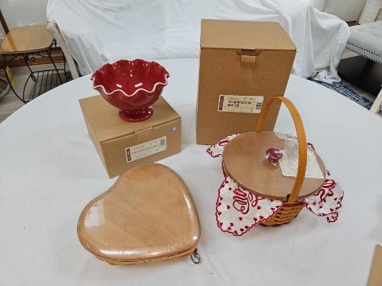 NIB 2005 Longaberger Be My Valentine Ruffled Bowl & Basket, & 2005 Sweetheart Basket w/ Lids,