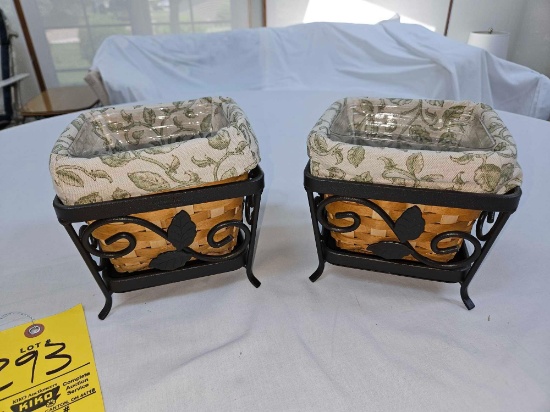 (2) 2009 Longaberger Seedling Baskets w/ Wrought Iron Stands, Liners, & Protectors
