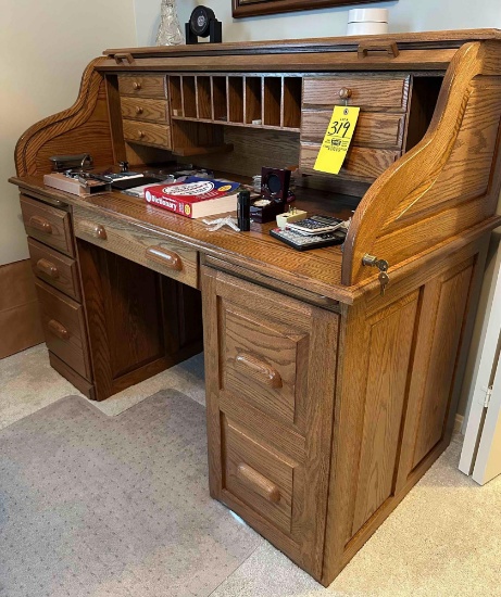 heavy oak roll top, knee hole desk
