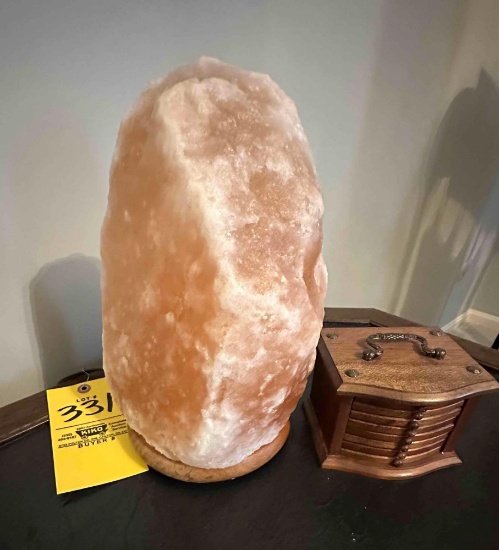 salt rock lamp, coaster set