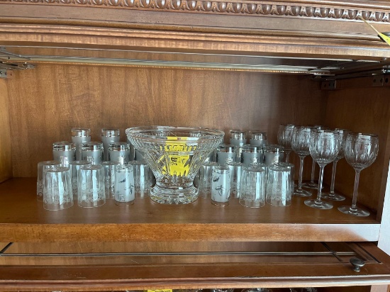 Large crystal bowls with 6 crystal wine glasses and 2 sets of glass cups