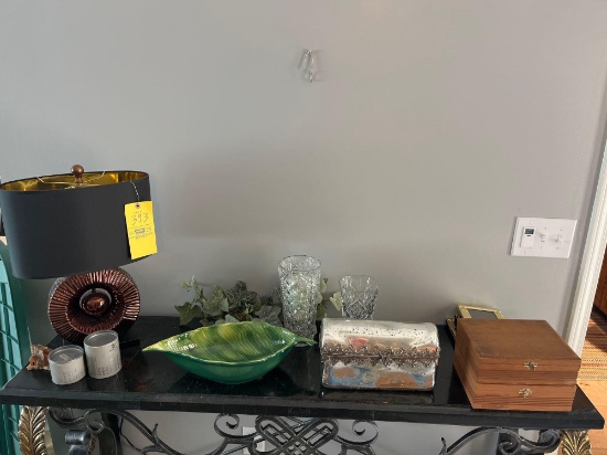 Lamp, crystal vases, frames, cigar boxes