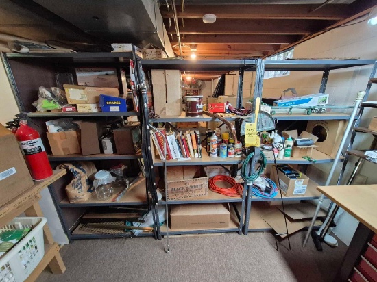 (3) 6 Ft. Metal Shelving Units & Contents - Electronics, Books, Sprays, Fluids, & more
