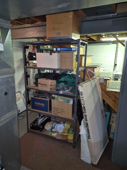 6 Ft. Metal Shelving Unit & Contents - Fold Away Table, Camp Chairs, Canes, Vacuum, Wedgewood