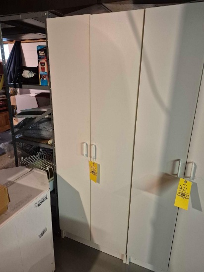 6 Ft. Wooden Storage Cabinet & Contents - Coffee Maker, Disposable Kitchenware, Longaberger Pottery