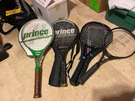 4 tennis rackets with carrying case and extra tennis balls - 3 prince rackets and a Dunlop racket