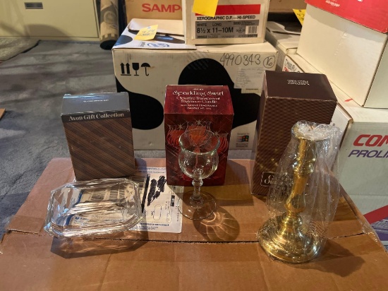 12 Avon clear fire transparent fragrance candles, 2 Avon Faceted crystal boxes, 2 solid brass candle