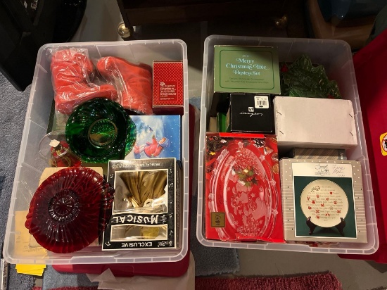 2 Totes of Avon glassware and Christmas items