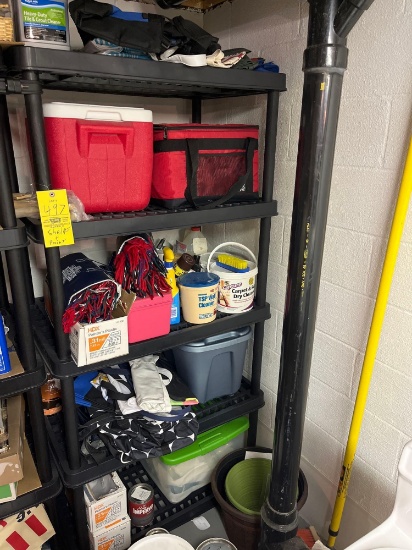 Plastic shelf and contents - coolers, totes, cleaners, paint, hanging pots