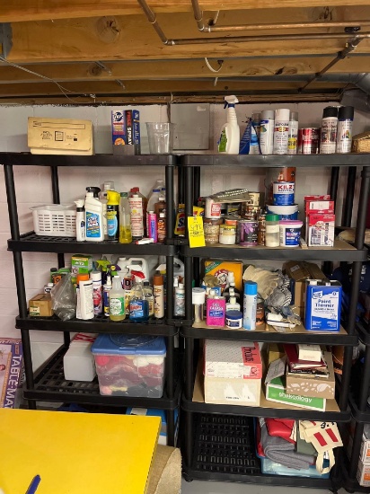 2 plastic shelves with contents - yarn, cleaners, paint, totes