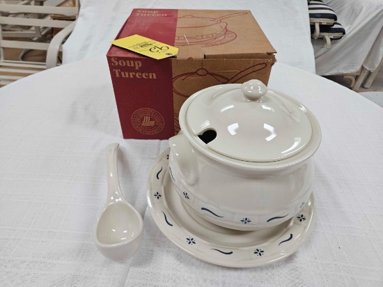 NIB Longaberger Pottery White & Blue Soup Tureen